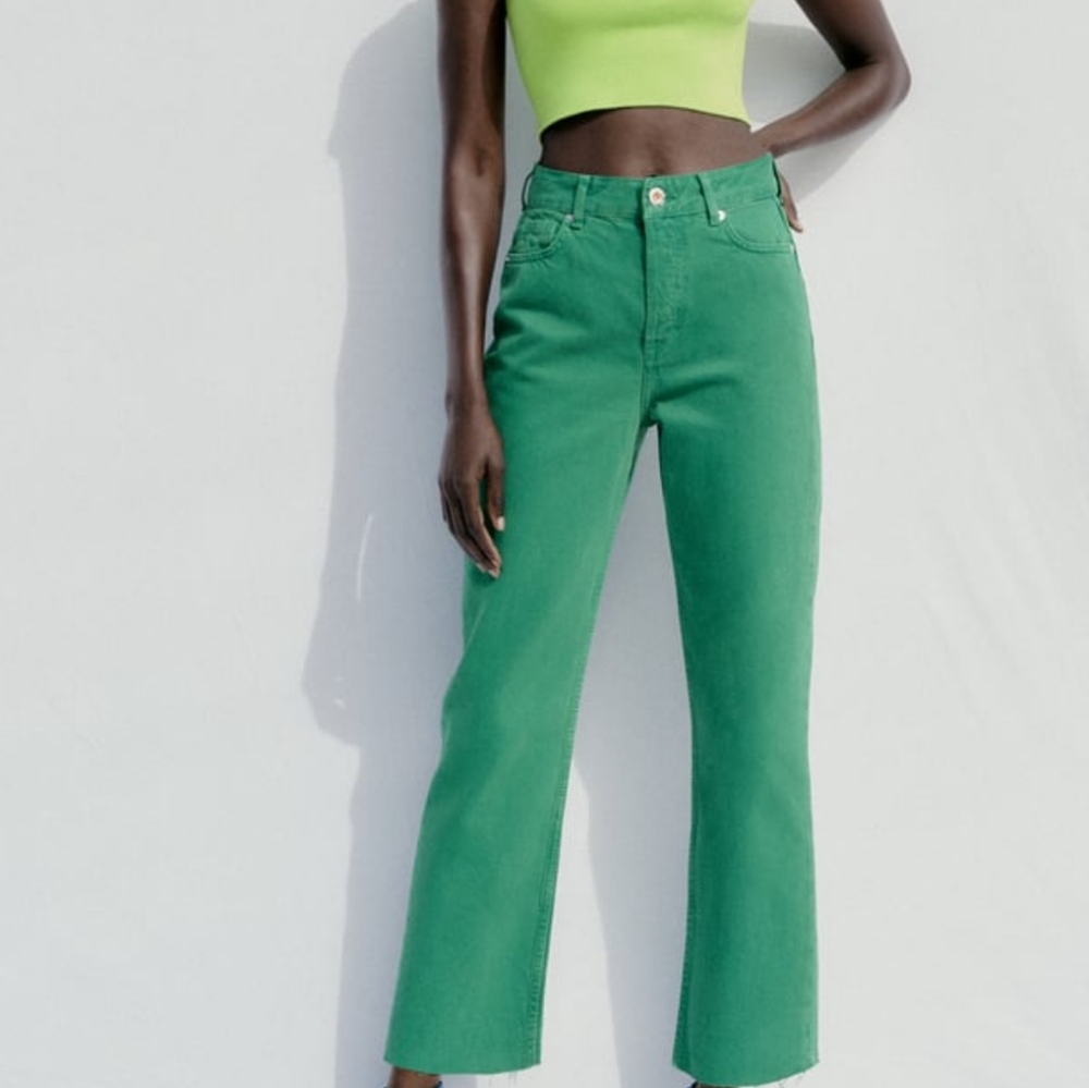 Zara Emerald Green Cropped Straight Jeans